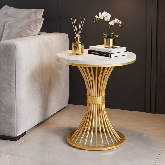 Fnova Modern Round Side Table, Faux Marble Accent End Table with Gold Metal Pedestal Base, Small Nightstand for Bedroom, Living Room, Sofa Side, White & Gold