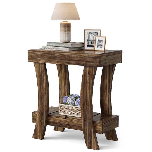 Fnova Narrow 2-Tier Rectangular End Table with Storage Shelf, Small Wood Nightstand, Bedside Table for Bedroom, Living Room, Small Spaces, Compact Sofa Side Table