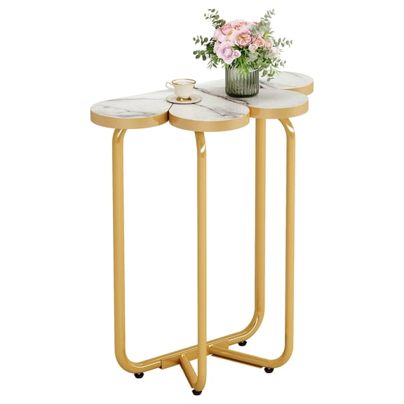 Fnova Narrow Half-Flower Accent Table with Gold Frame, 26 Inch Faux Marble Nightstand, Bedside Table, Side Table for Bedroom, Living Room, Small Spaces, White & Gold