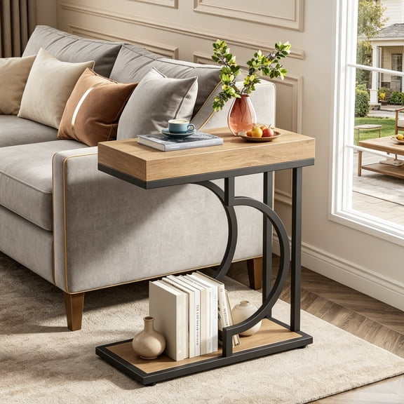 Fnova Narrow Side Table, C-Shaped Modern End Table with Metal Frame, Small Sofa Side Table for Living Room, Bedside Table for Couch