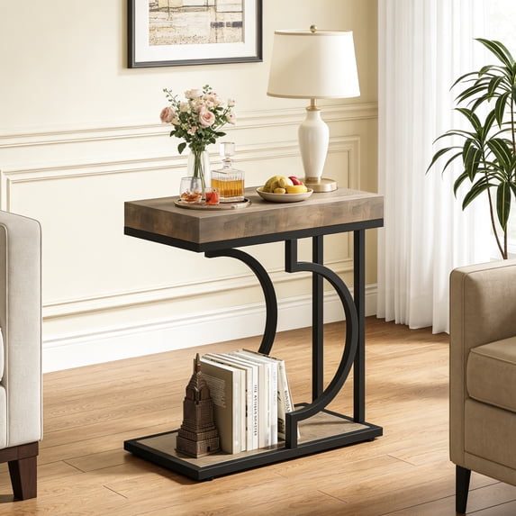Fnova Narrow Side Table, C-Shaped Modern End Table with Metal Frame, Small Sofa Side Table for Living Room, Bedside Table for Couch