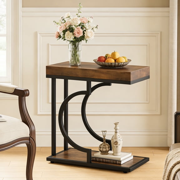 Fnova Narrow Side Table, C-Shaped Modern End Table with Metal Frame, Small Sofa Side Table for Living Room, Bedside Table for Couch