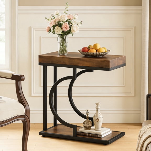 Fnova Narrow Side Table, C-Shaped Modern End Table with Metal Frame, Small Sofa Side Table for Living Room, Bedside Table for Couch