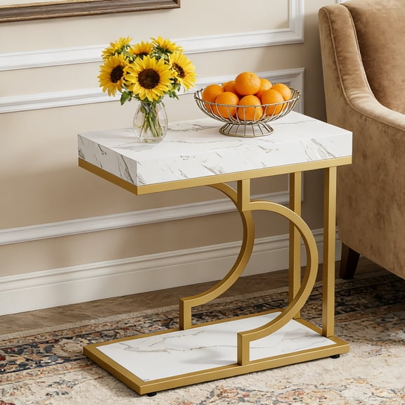 Fnova Narrow Side Table, C-Shaped Modern End Table with Metal Frame, Small Sofa Side Table for Living Room, Bedside Table for Couch