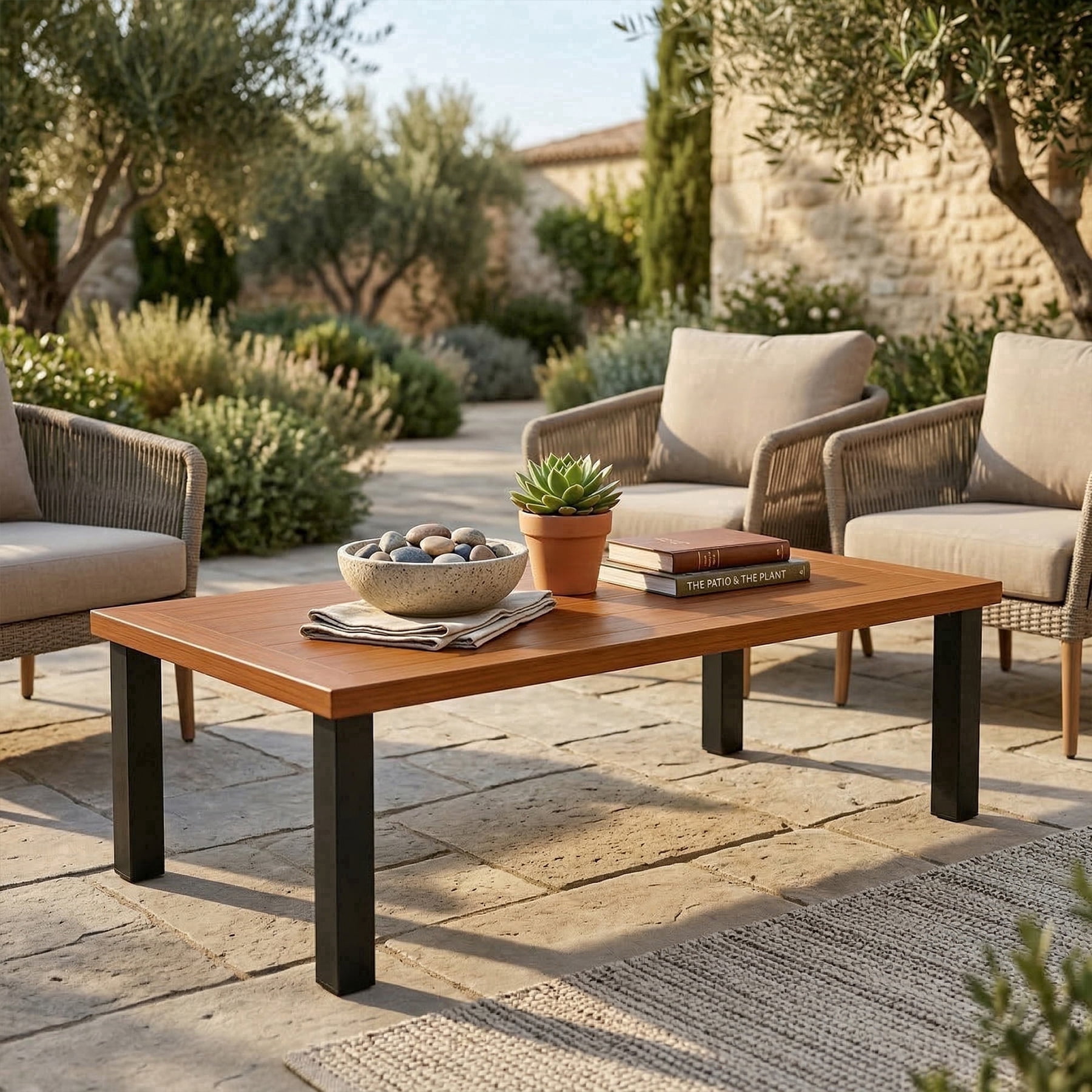 Fnova Outdoor Rectangular Coffee Table, Large Patio Table with Sturdy Metal Frame, Modern Outdoor Furniture for Patio Backyard Garden Poolside