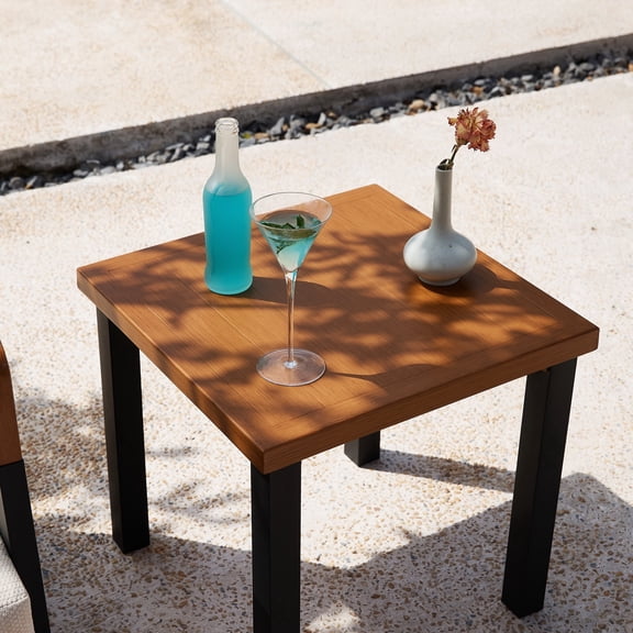 Fnova Outdoor Square Side Table, Patio Accent Table with Tempered Glass Top, Sturdy Metal Frame, Small End Table for Patio Balcony Garden Poolside