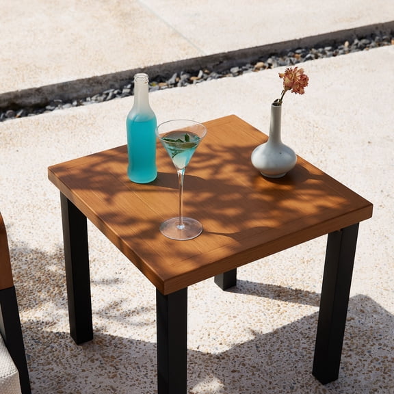 Fnova Outdoor Square Side Table, Patio Accent Table with Tempered Glass Top, Sturdy Metal Frame, Small End Table for Patio Balcony Garden Poolside