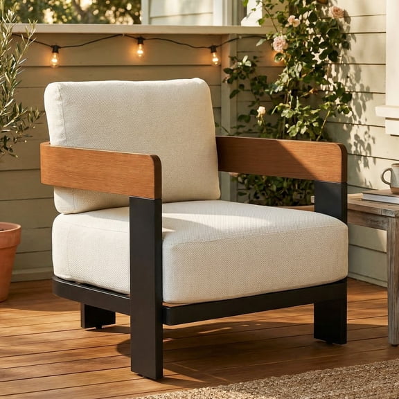 Fnova Outdoor U Shaped Patio Chair, Modern Single Lounge Chair with Ultra Thick Cushion, Heavy Duty Iron Aluminum Frame, 450 LBS Capacity for Patio Balcony Porch