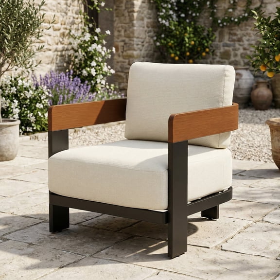 Fnova Outdoor U Shaped Patio Chair, Modern Single Lounge Chair with Ultra Thick Cushion, Heavy Duty Iron Aluminum Frame, 450 LBS Capacity for Patio Balcony Porch