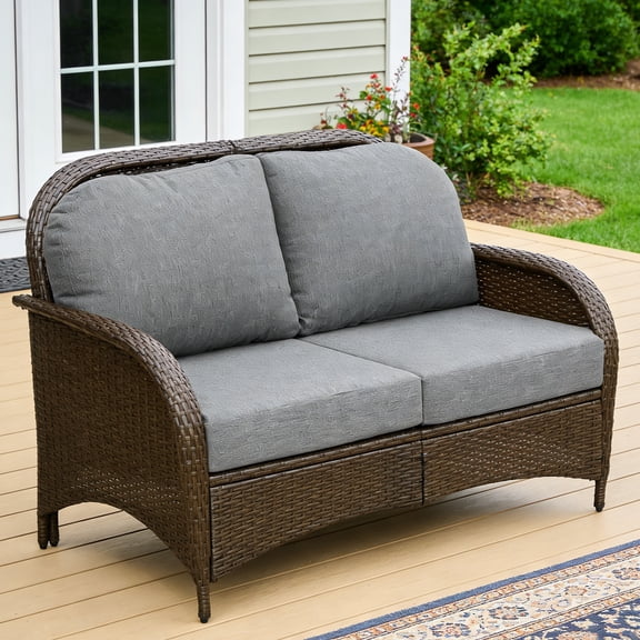 Fnova Outdoor Wicker Loveseat, PE Rattan 2 Person Patio Sofa with Cushions, 900 LBS Capacity, Weather Resistant Outdoor Furniture for Porch Backyard