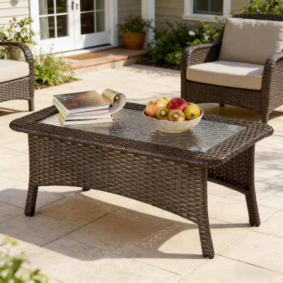 Fnova Outdoor Wicker Rectangular Coffee Table, PE Rattan Patio Table with Tempered Glass Top, Large Outdoor Furniture for Patio Backyard Garden