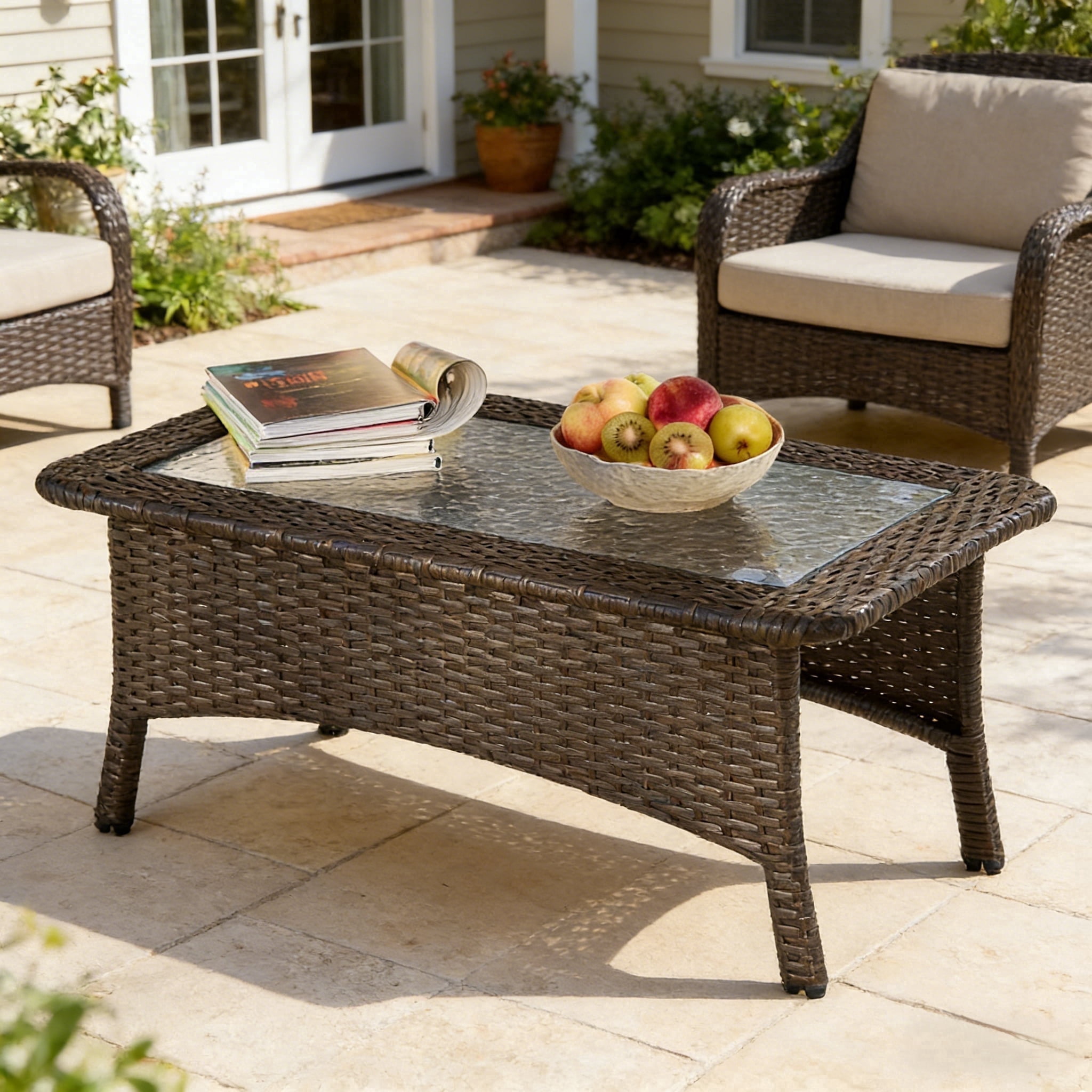 Fnova Outdoor Wicker Rectangular Coffee Table, PE Rattan Patio Table with Tempered Glass Top, Large Outdoor Furniture for Patio Backyard Garden