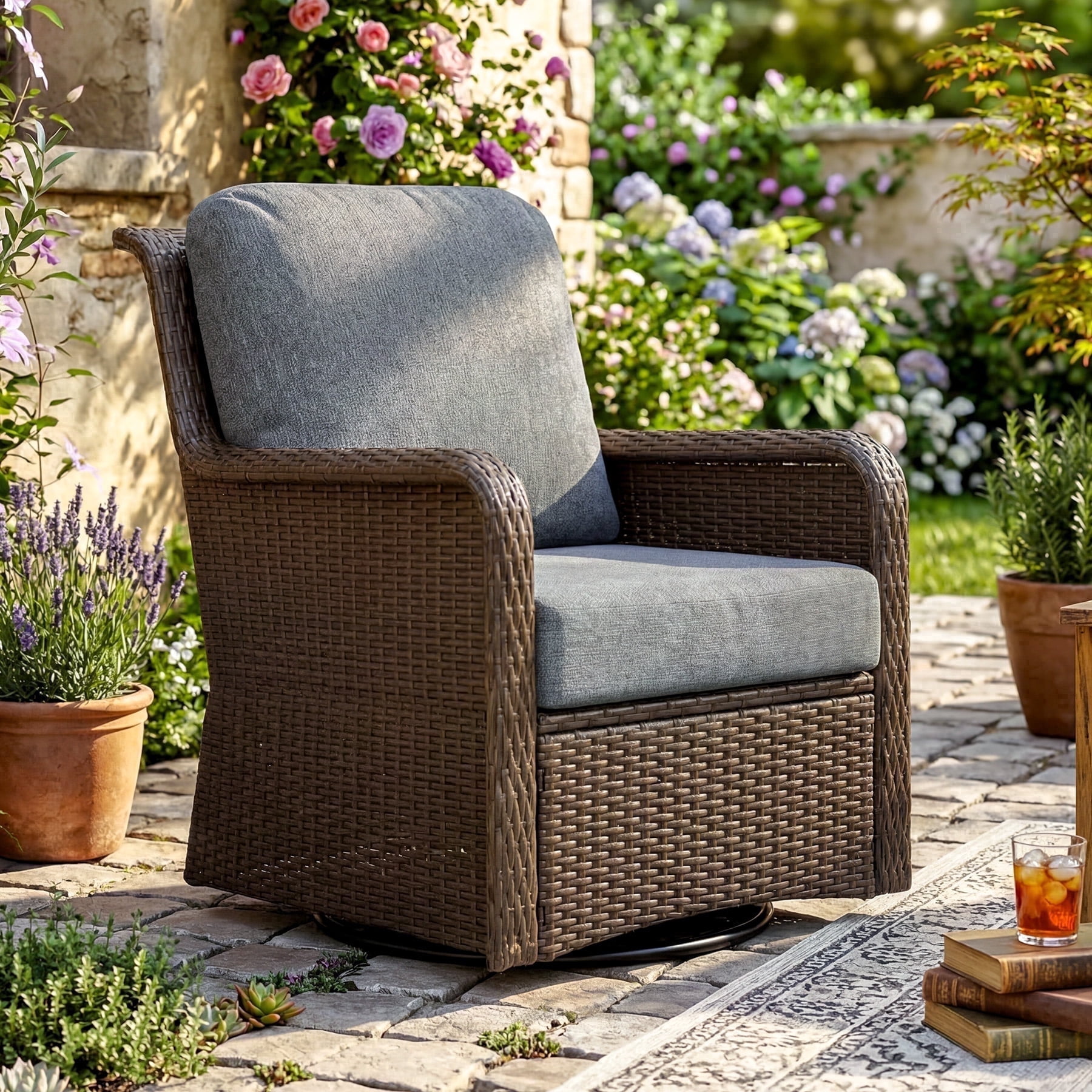 Fnova Outdoor Wicker Swivel Glider Chair, PE Rattan Patio Lounge Chair with Cushion, 450 LBS Capacity, Weather Resistant for Patio Porch Poolside Backyard