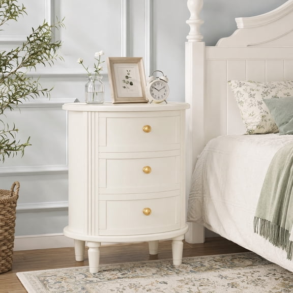 Fnova Oval Nightstand with 3 Drawers, Modern Bed Side Table with Storage, Wooden End Table with Solid Wood Legs, Fully Assembled, Beige White
