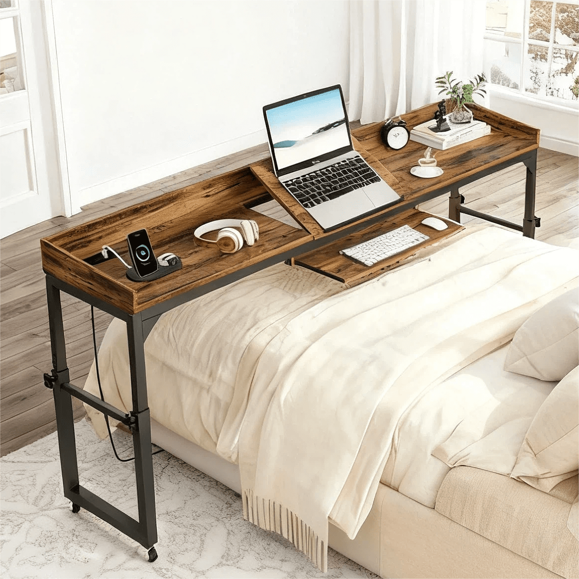 Fnova Overbed Table with Wheels, Height Adjustable Rolling Desk with Power Outlets & USB Ports, Tiltable Stand, for Queen Bed, Laptop Computer, Portable Hospital Home Use
