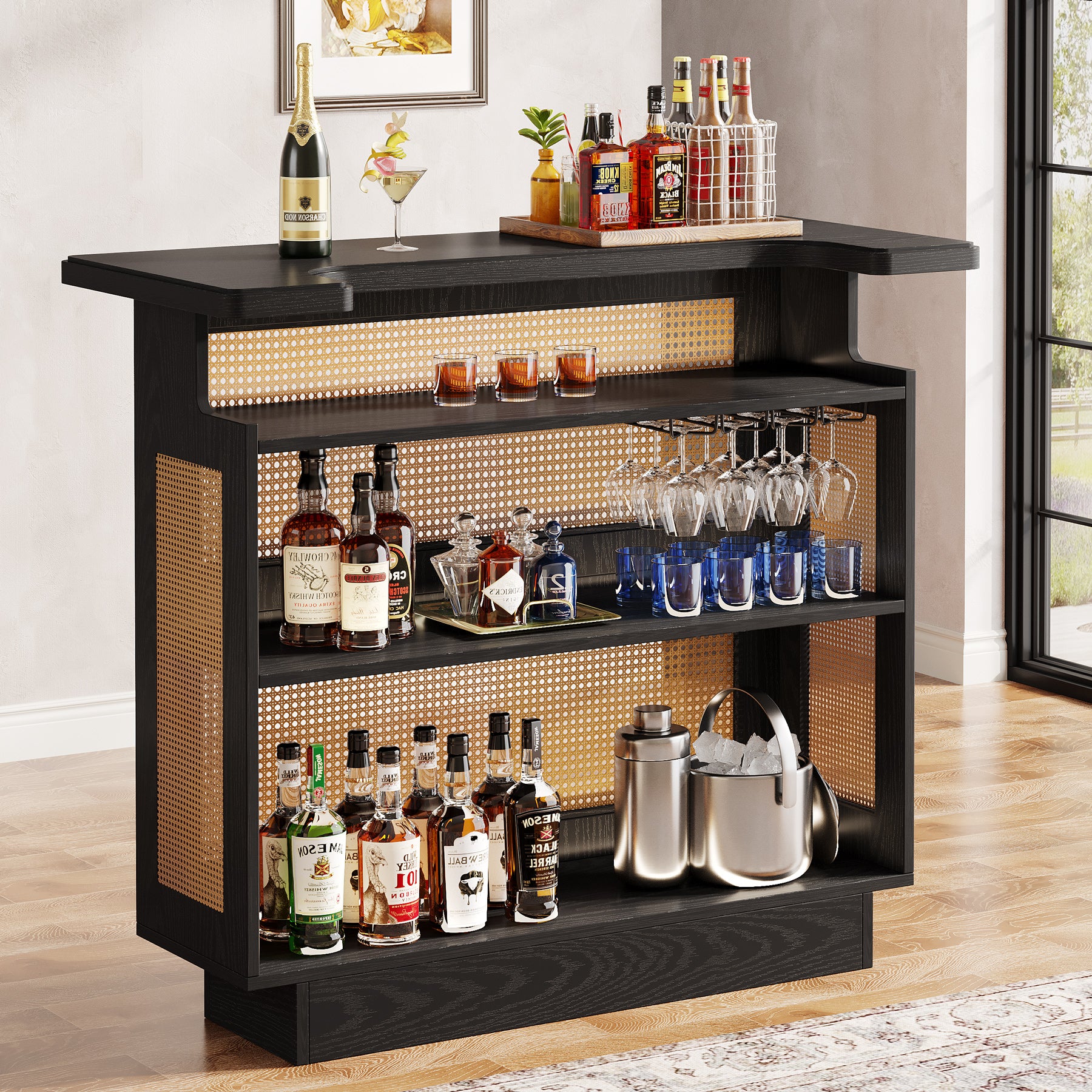 Fnova Rattan Home Bar Unit, Farmhouse 4-Tier Bar Table With 4 Stemware Racks, Heightened Base, Liquor Wine Bar Cabinet Mini Bar Table For Home Pub, Black