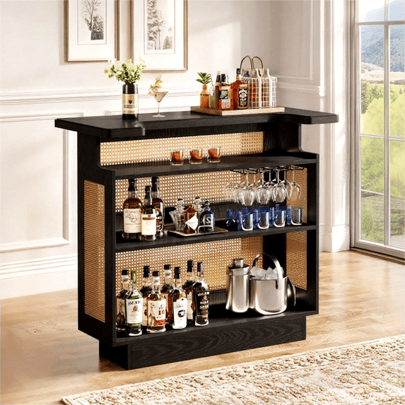 Short Bar Racks Fnova Rattan Home Bar Unit, Farmhouse 4-Tier Bar Table With 4 Stemware ...