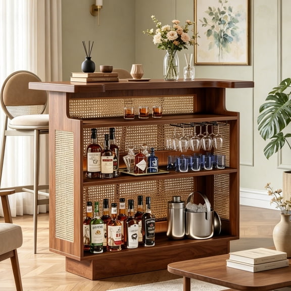 Fnova 47.24 Inch Home Bar Unit, Farmhouse Rattan Bar Cabinet with Wine Glass Holders, Multi-Tier Storage Sideboard, Freestanding Liquor Cabinet for Living Room Kitchen Dining Room