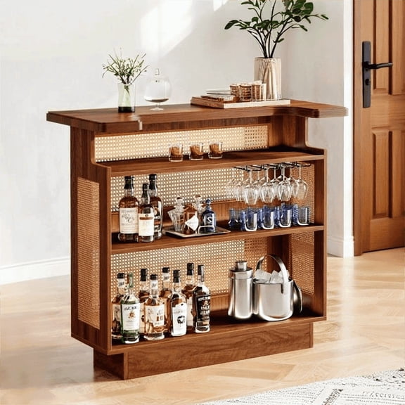 Fnova Rattan Home Bar Unit, Farmhouse 4-Tier Bar Table With 4 Stemware Racks, Heightened Base, Liquor Wine Bar Cabinet Mini Bar Table For Home Pub, Caramel Brown