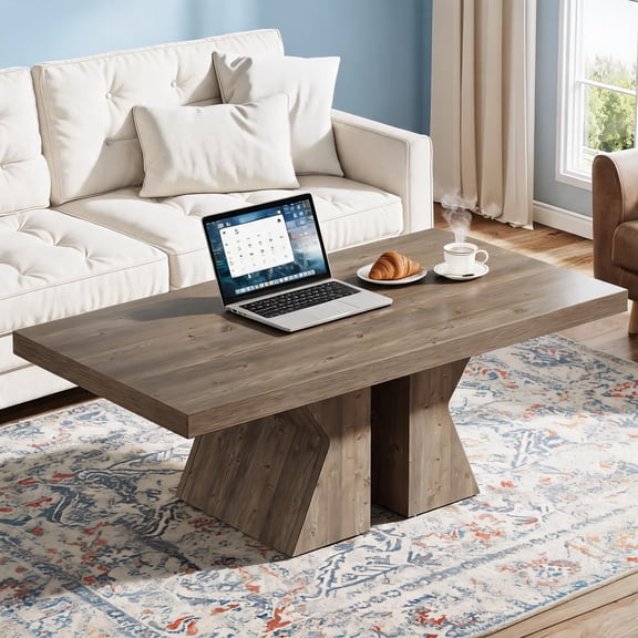 Fnova Rectangular Coffee Table with Thick Wooden Base, 47" Farmhouse Center Table for Living Room, Brown