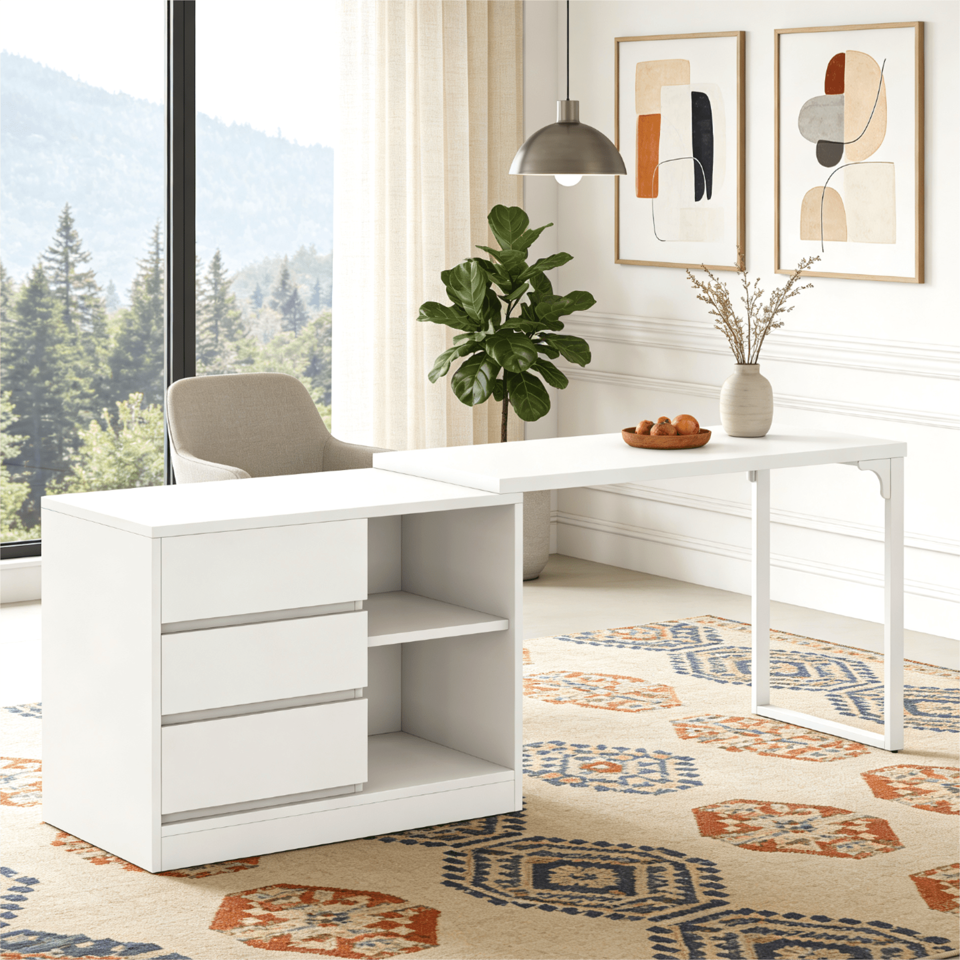 Fnova Reversible Computer Desk with Drawers, Shelves, Storage Cabinet, Modern L-Shaped Corner Office Desk for Home Office, Bedroom, Study, Writing