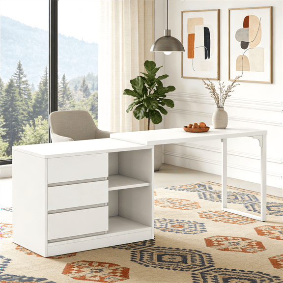 Fnova Reversible Computer Desk with Drawers, Shelves, Storage Cabinet, Modern L-Shaped Corner Office Desk for Home Office, Bedroom, Study, Writing