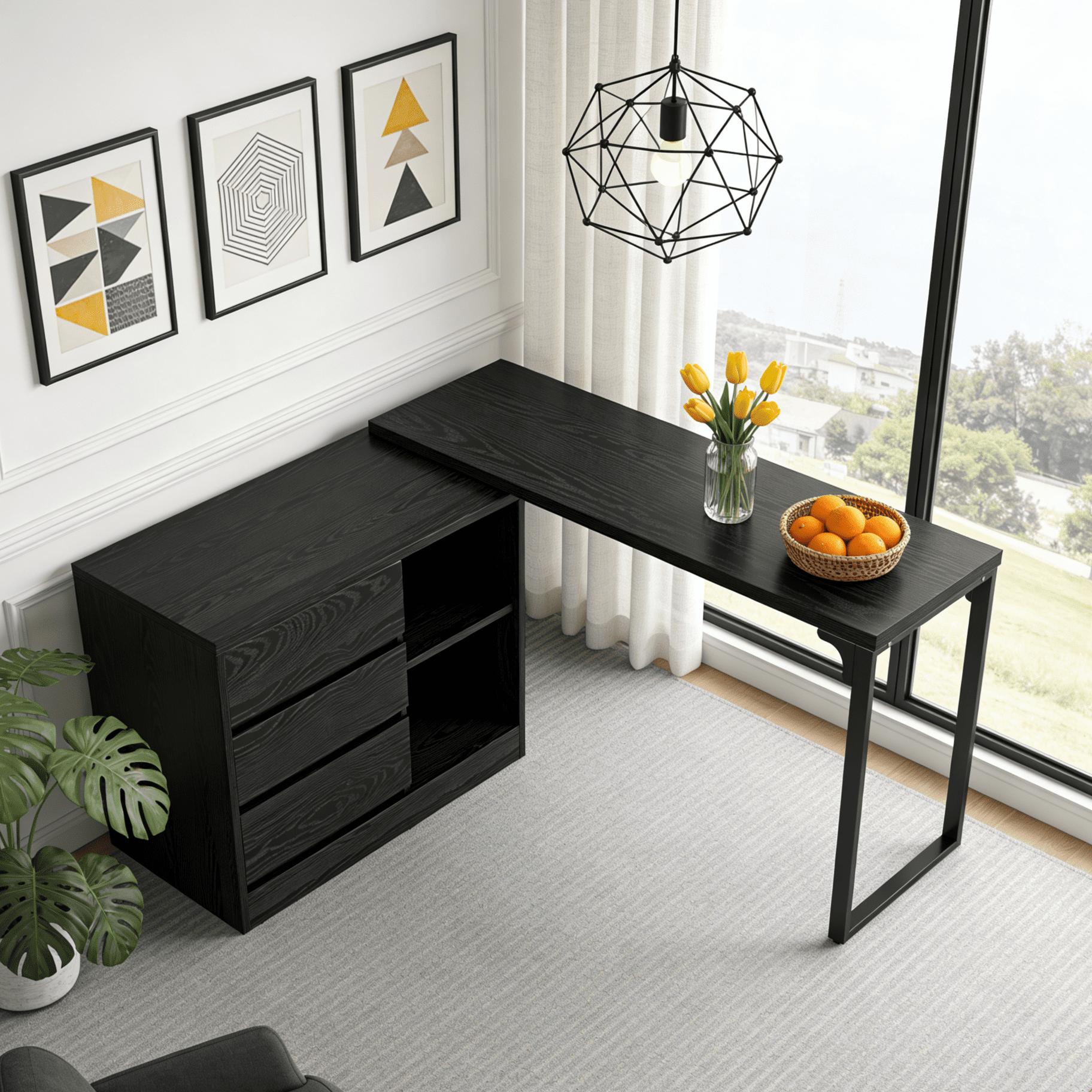 Fnova Reversible Computer Desk with Drawers, Shelves, Storage Cabinet, Modern L-Shaped Corner Office Desk for Home Office, Bedroom, Study, Writing