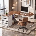 thumbnail image 1 of Fnova 59" Reversible L-Shaped Computer Desk with Drawers, Corner Desk with Shelves, Office Desk Writing Table Workstation for Home Office, Walnut, 1 of 9
