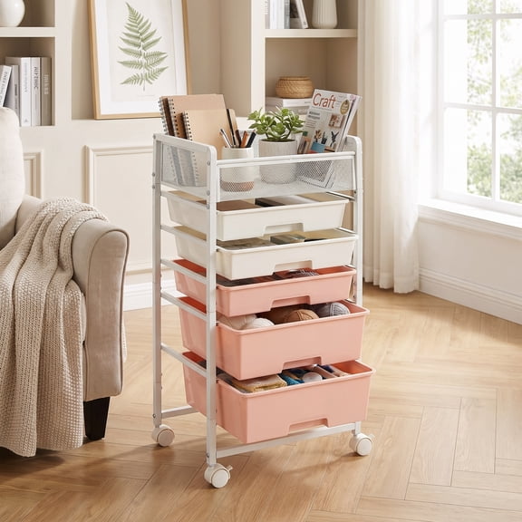 Fnova Rolling Utility Storage Cart with 5 Drawers, Art Craft Organizers with Lockable Wheels for Craft Office School Storage, Metal & Plastic, Pink
