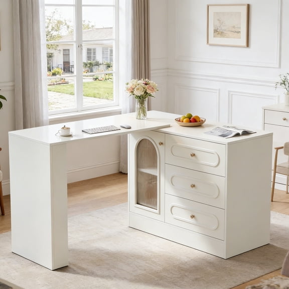 Fnova Rotatable L-Shaped Computer Desk with 3 Drawers, Cabinet, Reversible Corner Design with Adjustable Shelves, Home Office Workstation Writing Table for Bedroom