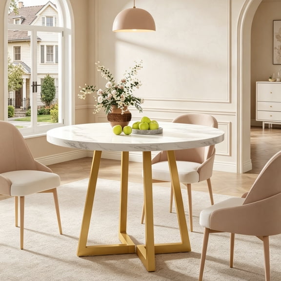 Fnova Round Dining Table for 4 People, Modern Kitchen Table with Sturdy Metal Frame, Small Space Circular Dinner Table for Living Room, Apartment, and Breakfast Nook