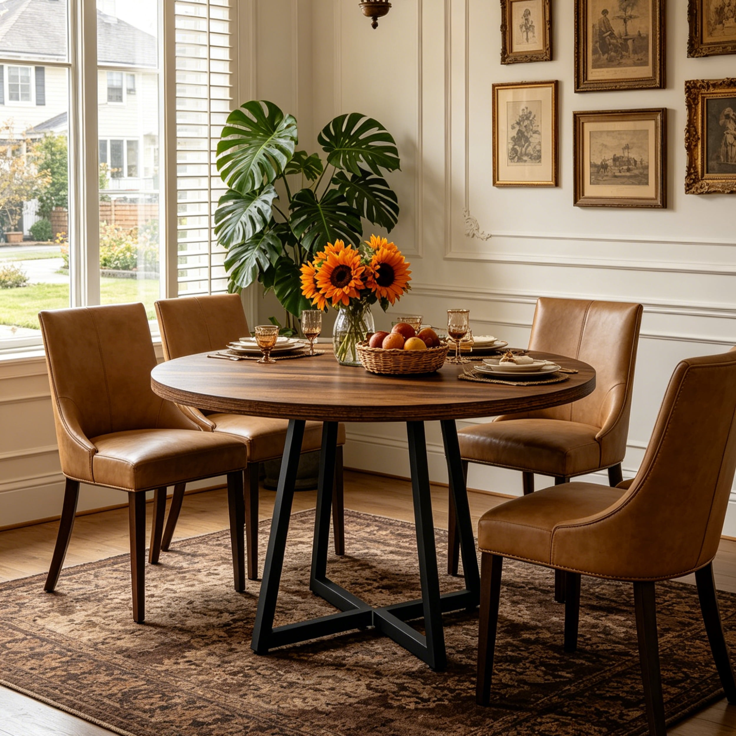 Fnova Round Dining Table for 4 People, Modern Kitchen Table with Sturdy Metal Frame, Small Space Circular Dinner Table for Living Room, Apartment, and Breakfast Nook