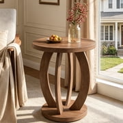 Fnova Round End Table with 2-Tier Storage, Farmhouse Rustic Nightstand, Bedside Table, Accent Side Table for Living Room, Bedroom, Small Spaces, Balcony, Brown