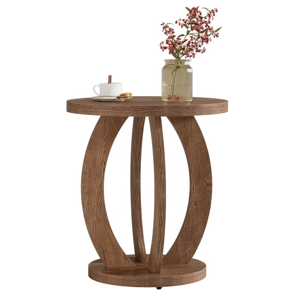 Fnova Round End Table with 2-Tier Storage, Farmhouse Rustic Nightstand, Bedside Table, Accent Side Table for Living Room, Bedroom, Small Spaces, Balcony, Brown