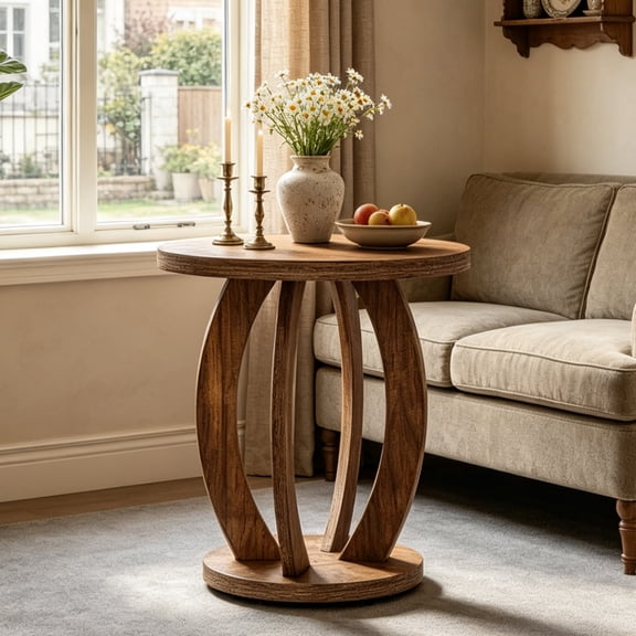 Fnova Round End Table with 2-Tier Storage, Farmhouse Rustic Nightstand, Bedside Table, Accent Side Table for Living Room, Bedroom, Small Spaces, Balcony, Dark Brown