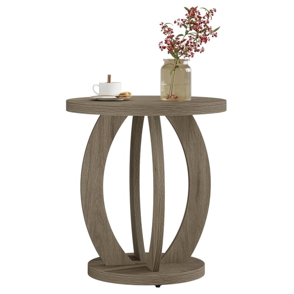 Fnova Round End Table with 2-Tier Storage, Farmhouse Rustic Nightstand, Bedside Table, Accent Side Table for Living Room, Bedroom, Small Spaces, Balcony, Gray