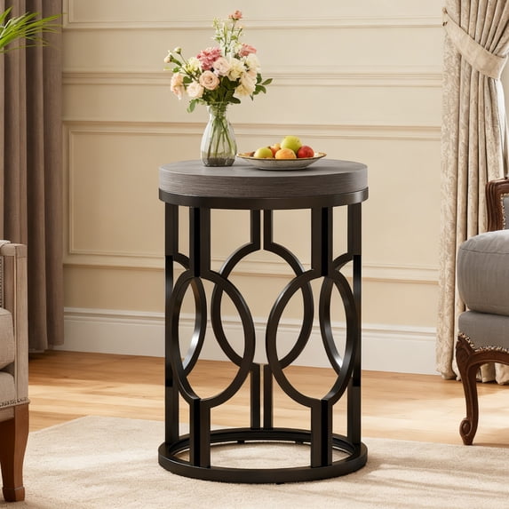 Fnova Round End Table, Industrial Small Side Table with Metal Hollow Frame for Living Room, Bedroom, Easy Assembly Nightstand