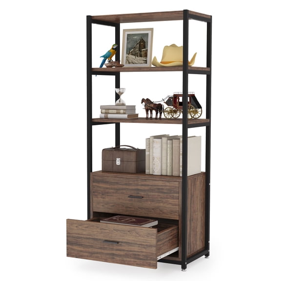 Fnova Rustic Industrial Storage Shelf Unit, with Drawers 4-Tier Open Closed Bookcase Cabinet for Living Room Bedroom Home Office