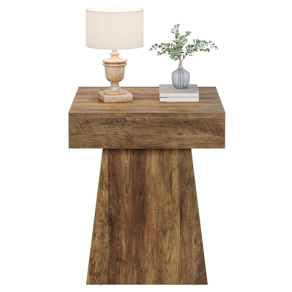 Fnova Rustic Square Small End Table, Farmhouse Bedside Nightstand, Wide Stable Base, Accent Side Table for Living Room, Bedroom, Couch Side, Small Spaces, Brown
