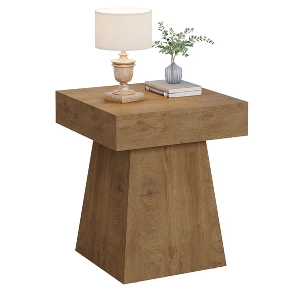 Fnova Rustic Square Small End Table, Farmhouse Bedside Nightstand, Wide Stable Base, Accent Side Table for Living Room, Bedroom, Couch Side, Small Spaces, Light Brown Oak