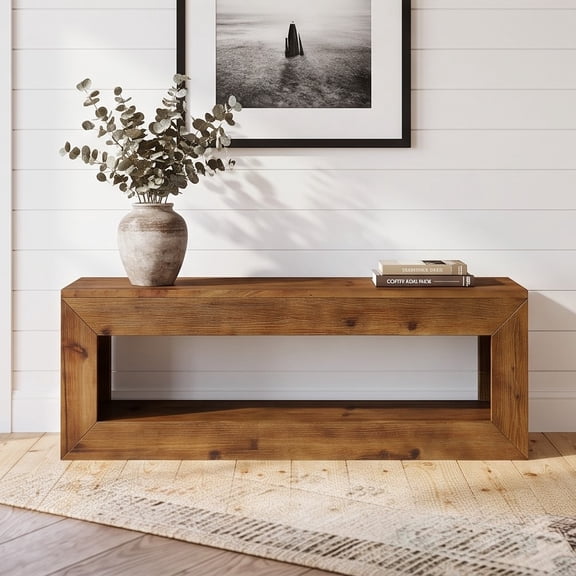 Fnova Rustic Wood Bench with Open Storage Shelf, 47 Inch Console Bench for Entryway Bedroom Living Room