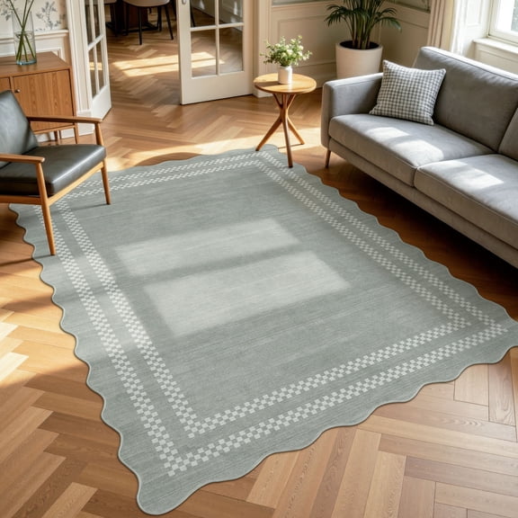 Fnova Scalloped Checker Border Area Rug, 5'x7' Machine Washable Non Slip Rug for Living Room Bedroom Kitchen, Kid and Pet Friendly Low Pile Indoor Carpet