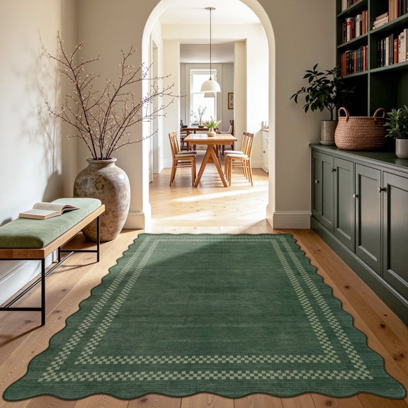 Fnova Scalloped Checker Border Area Rug, 5'x7' Machine Washable Non Slip Rug for Living Room Bedroom Kitchen, Kid and Pet Friendly Low Pile Indoor Carpet