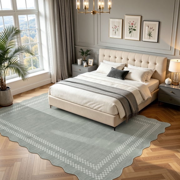 Fnova Scalloped Checker Border Area Rug, 8'x10' Machine Washable Non Slip Rug for Living Room Bedroom Dining Room, Kid and Pet Friendly Low Pile Indoor Carpet