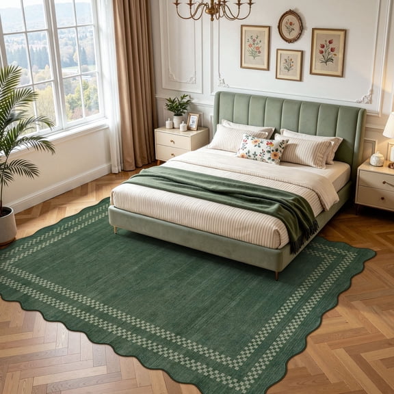 Fnova Scalloped Checker Border Area Rug, 8'x10' Machine Washable Non Slip Rug for Living Room Bedroom Dining Room, Kid and Pet Friendly Low Pile Indoor Carpet
