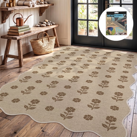 Fnova Scalloped Floral Area Rug, 3'x5' Machine Washable Non Slip Jute Rug for Entryway Kitchen Bedroom Living Room, Kid and Pet Friendly Indoor Carpet