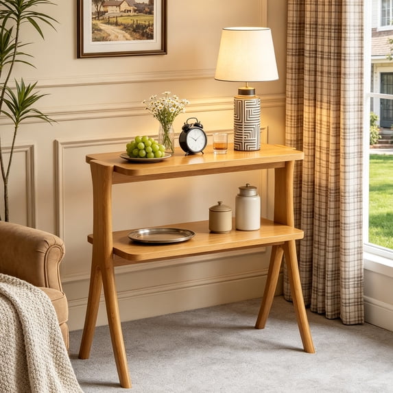 Fnova Side Table, 2-Tier Modern Wood End Table Nightstand with Open Shelf and Solid Wood Legs, Easy Assembly, for Living Room, Bedroom, Entryway, Small Space