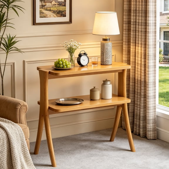 Fnova Side Table, 2-Tier Modern Wood End Table Nightstand with Open Shelf and Solid Wood Legs, Easy Assembly, for Living Room, Bedroom, Entryway, Small Space