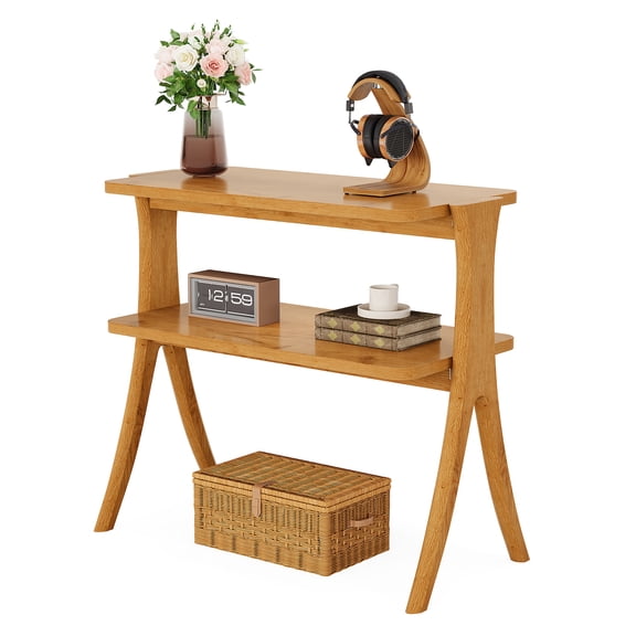 Fnova Side Table, 2-Tier Modern Wood End Table Nightstand with Open Shelf and Solid Wood Legs, Easy Assembly, for Living Room, Bedroom, Entryway, Small Space