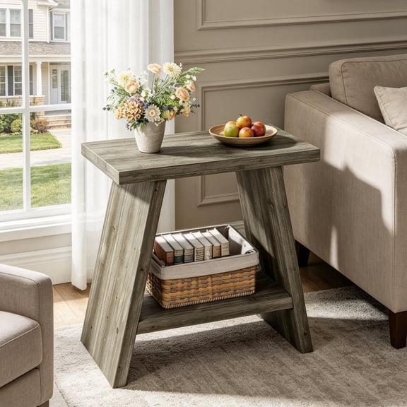 Fnova Solid Wood 2-Tier End Table with Storage, Farmhouse Side Table Accent Table Bedside Nightstand, Easy Assembly, for Living Room, Bedroom, Entryway, Small Space